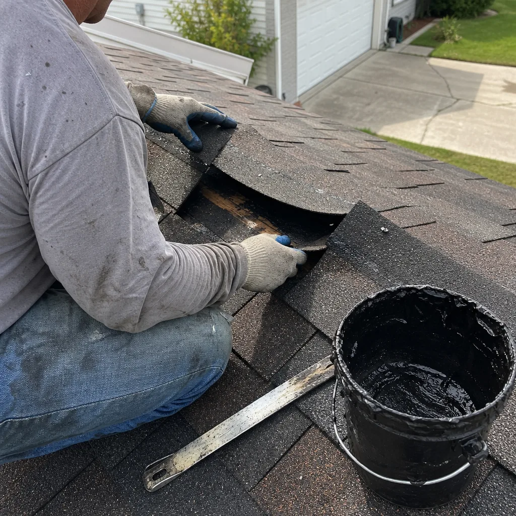 Professional roofer performing shingle repair on a residential roof