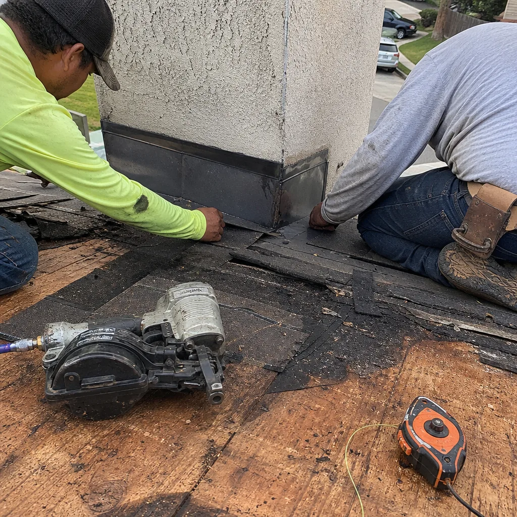 Roofers installing metal chimney flashing on a residential roof project.