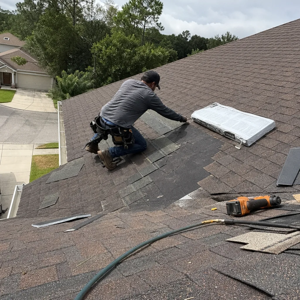 Professional roofer installing asphalt shingles on a residential roof nationwide